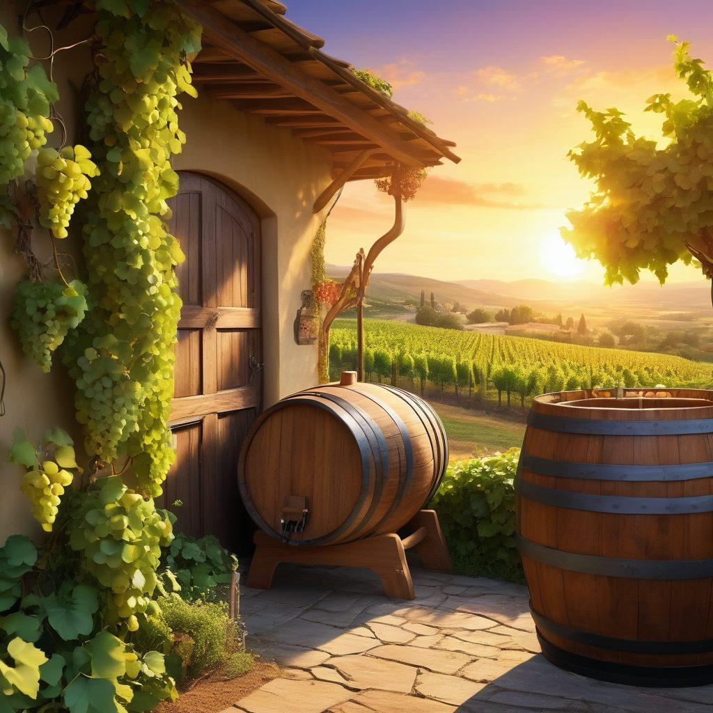 A picturesque vineyard with cascading green hills, ripe grape clusters ready for harvest, and a rustic wooden wine barrel in the foreground. In the background, a charming wine cellar emerges, showcasing bottles of diverse wine varieties lit by warm, golden light. A sunset casts vibrant hues across the sky, symbolizing the journey from vine to glass. super-realistic. vibrant colors. 3D.