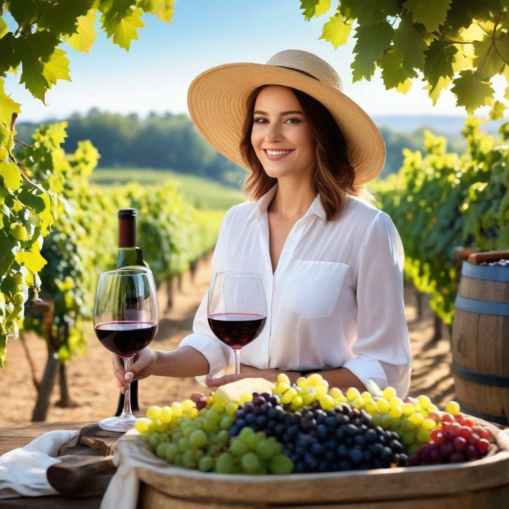 A lush vineyard under a blue sky, with sun-drenched grapes hanging from the vines. A joyful person in a straw hat, admiring a wine bottle filled with rich red wine, surrounded by rustic wooden barrels and foliage. Subtle hints of a wine tasting setup in the background with elegant glasses and platters of cheese. The scene radiates warmth and happiness, inviting viewers to experience the joy of wine exploration. super-realistic. vibrant colors. warm lighting.