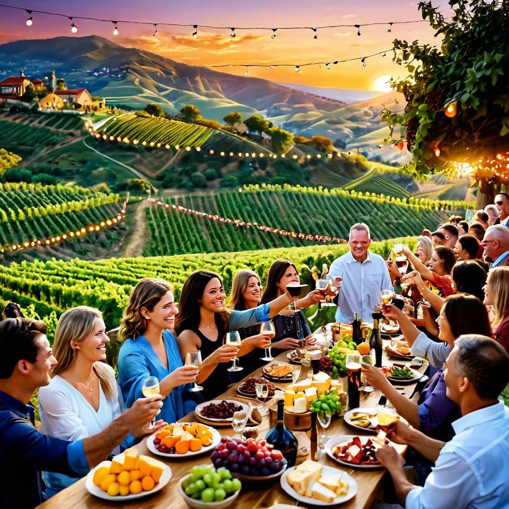 A lively vineyard scene during a wine festival, featuring diverse groups of people toasting with glasses of wine, colorful banners and fairy lights strung above, tables adorned with cheese and fruit platters, rolling hills in the background filled with grapevines, and a warm sunset casting golden hues over the celebration. vibrant colors. super-realistic.